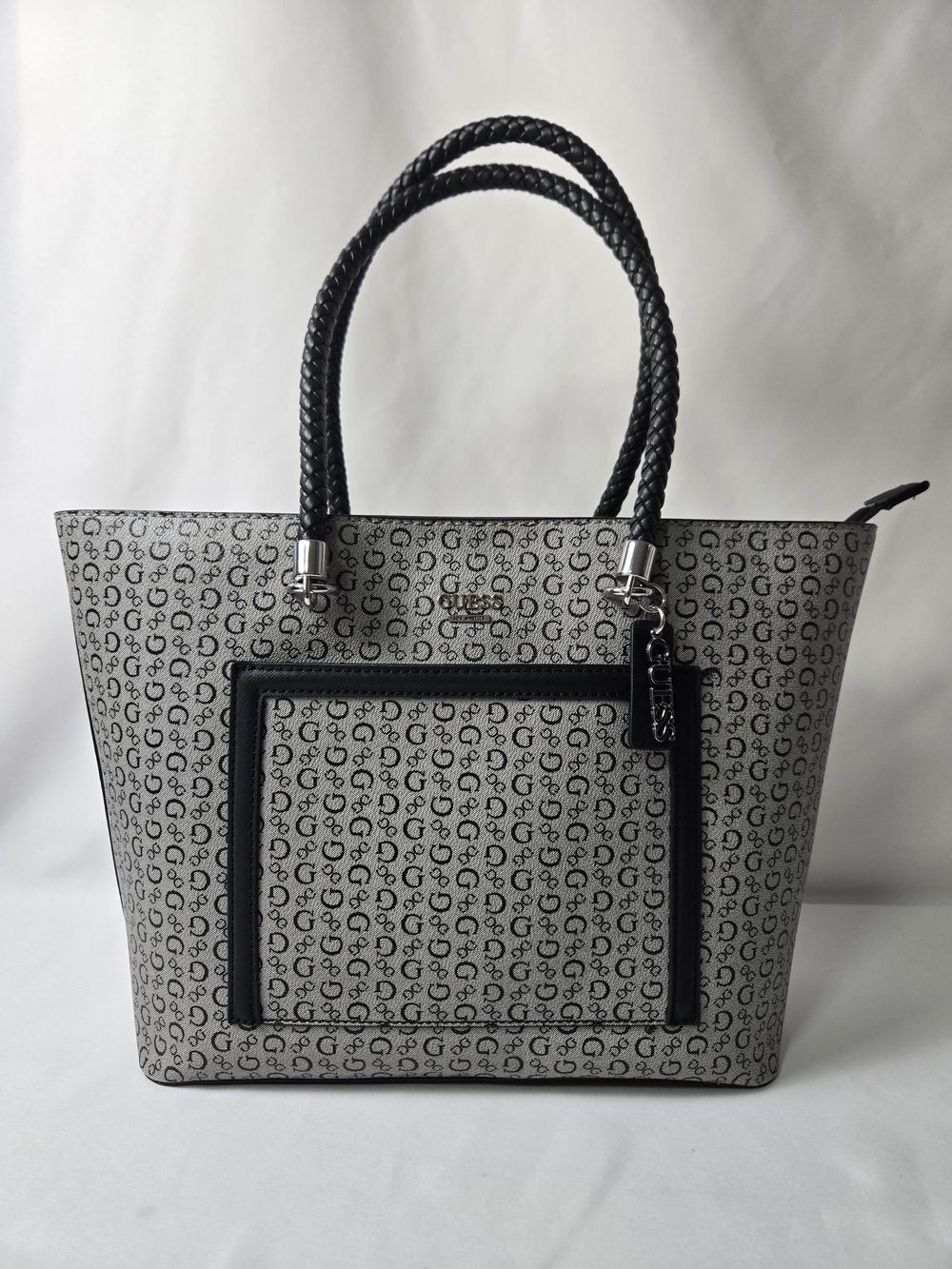 GUESS Grey Monogram Logo Tote Bag Black Trim